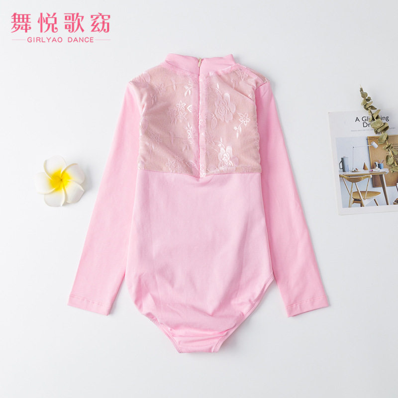 女童春秋冬半高领棉加内衬蕾丝拼接舞蹈练功服长袖芭蕾舞体操形体