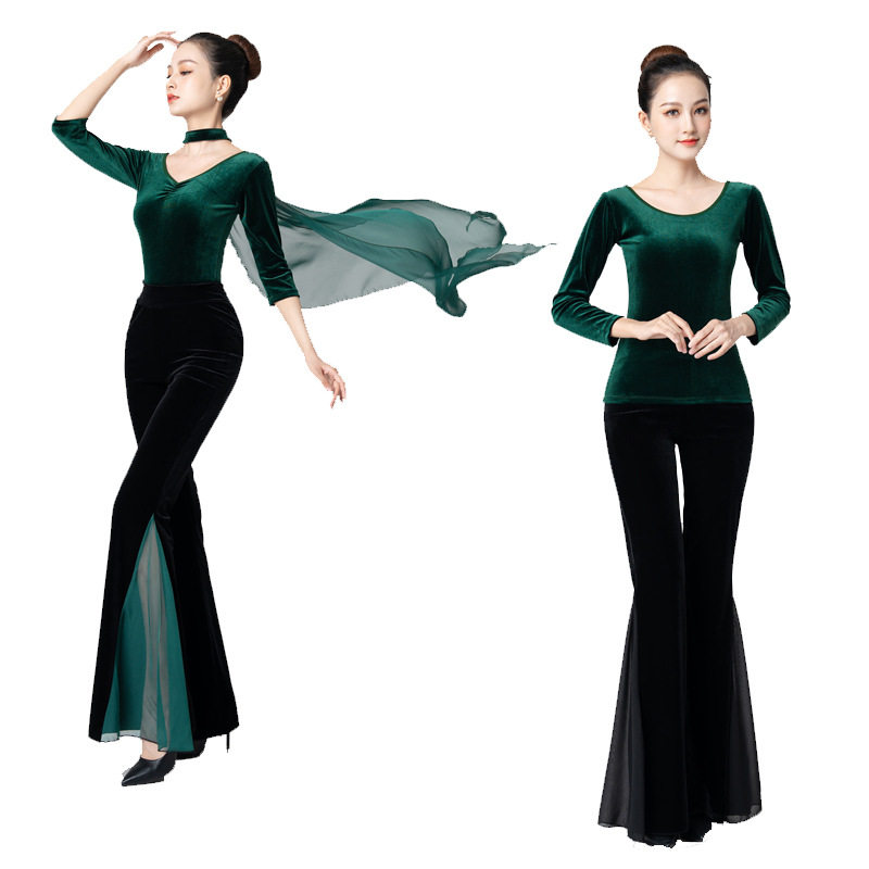 金丝绒V领墨绿色形体服舞蹈服走秀模特芭蕾练功训练服礼仪瑜伽服