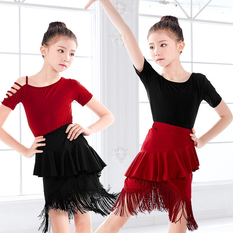 儿童拉丁舞裙女孩短袖流苏舞蹈练功裙专业考级练功服演出服跨境