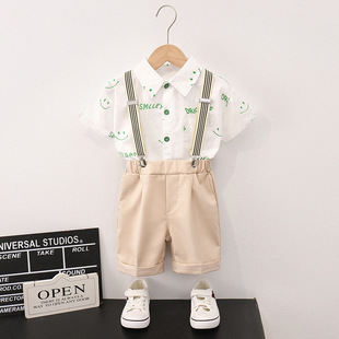 儿童花衬衫套装男童碎花上衣短袖短裤男孩海边度假风衬衣印花港风