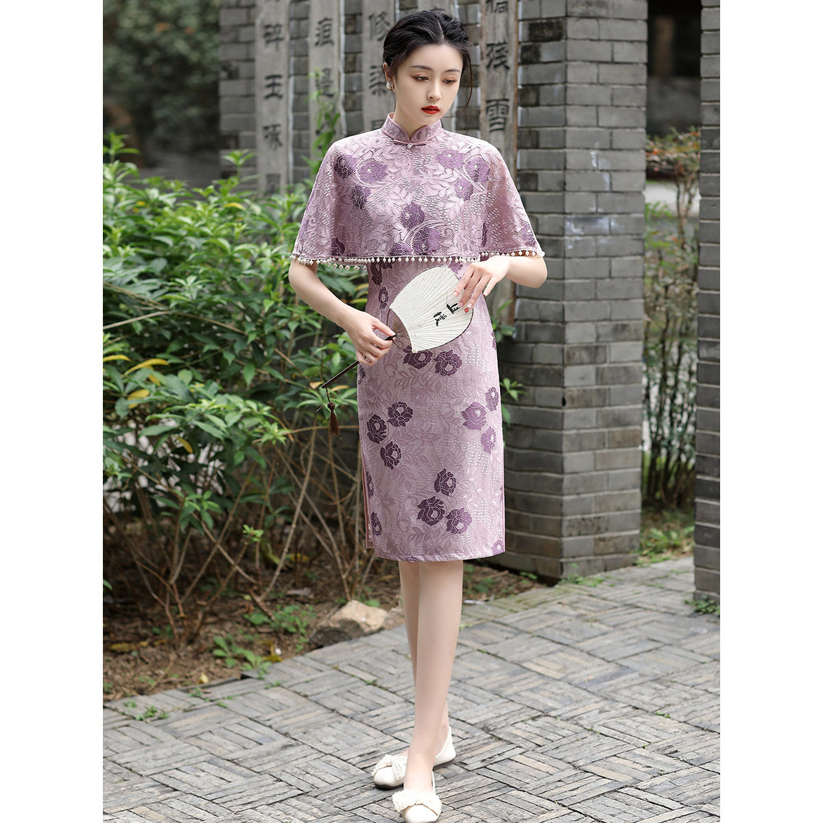 连衣裙025春夏新美丽修身舒适复古斗篷司藤假两件中长款蕾丝旗袍