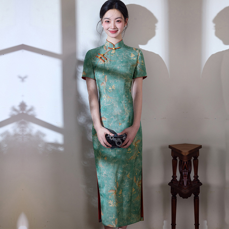 2025夏季款旗袍年轻少女中国风改良版复古长款性感连衣裙绿色显瘦