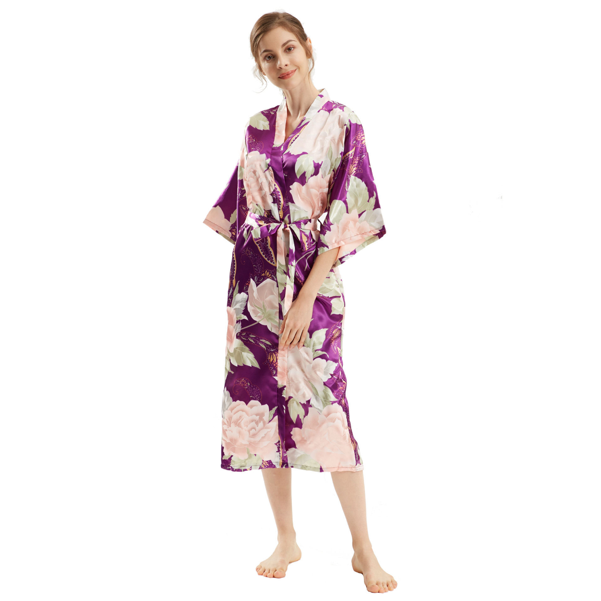 跨境加长款仿丝色丁大朵牡丹丝绸睡袍外贸爆款伴娘服晨袍和服春夏