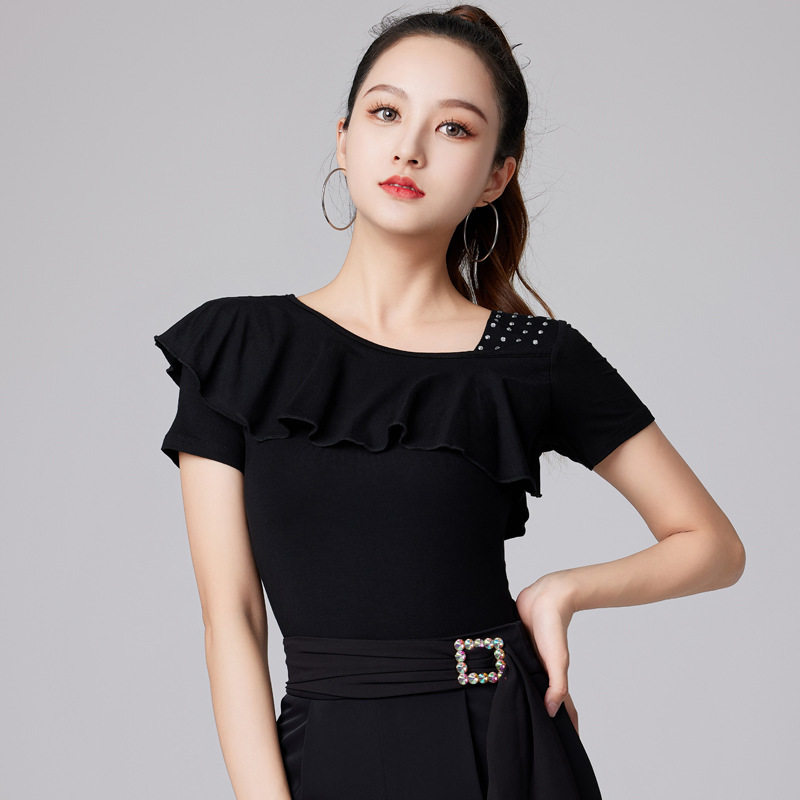 拉丁舞上衣女新款时尚摩登舞练功服荷叶边国标舞设计感交谊舞衣夏