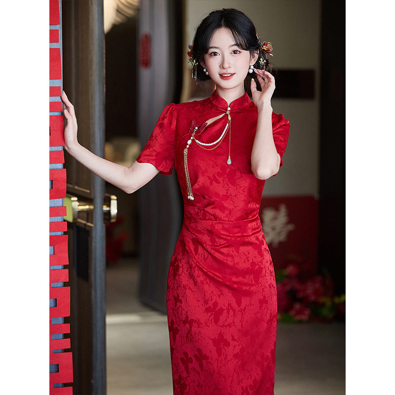 红色新中式旗袍敬酒服新娘2026新款夏季年轻款提花结婚订婚礼服裙