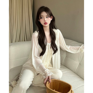 奶黄三件套蕾丝甜美女士睡衣2026早春长袖冰丝丝绸舒适家居服套装