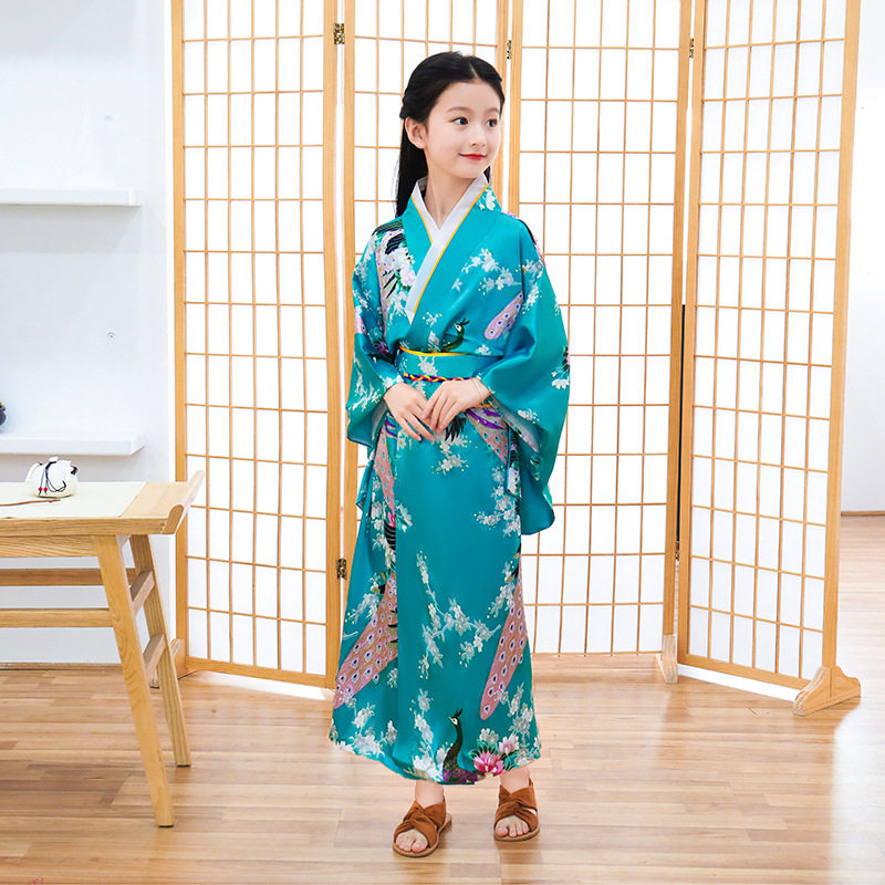新款儿童和服日式浴袍女孩公主裙表演孔雀气质可爱蝴蝶结汗蒸养生