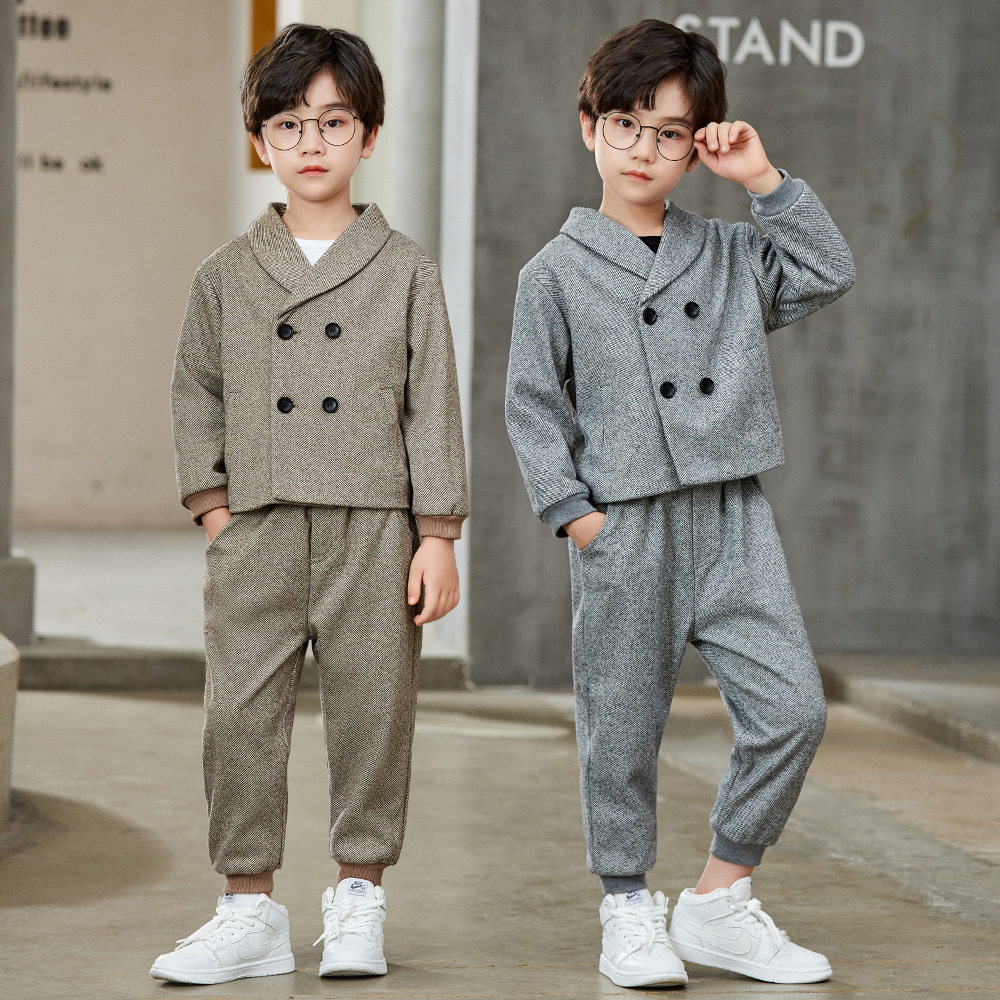 儿童外套春秋季新款男童休闲小西装条纹款宝宝衣服演出礼服两件套