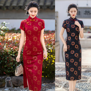 小个子喜婆婆红色蕾丝旗袍2026新款中老年复古新式显瘦黑色连衣裙