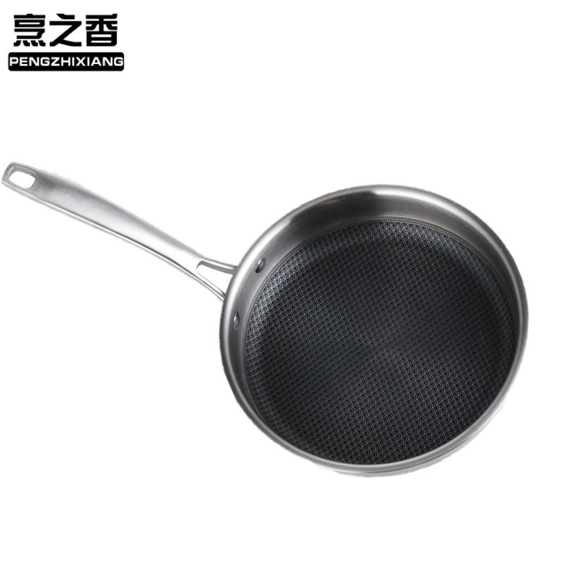 28CM鱼纹层直身不锈钢煎锅 无涂层炒菜锅 家用平底不粘锅定制锅具