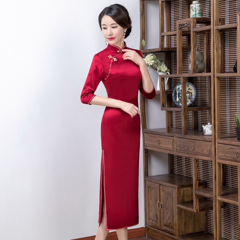 鸿韵绣醋酸新款旗袍连衣裙改良修身复古七分袖长款女结婚敬酒大码