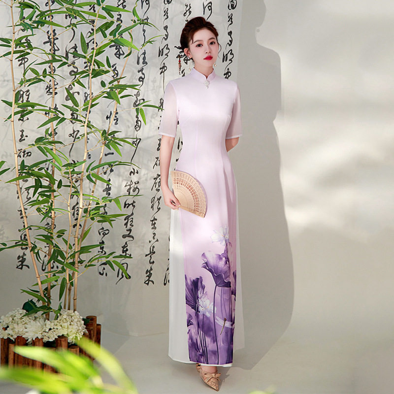 走秀旗袍奥黛春季新款复古中国风长款改良演出服连衣裙女大码礼服