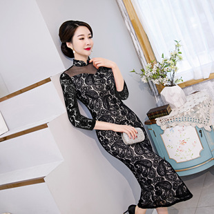 2026春季新款网纱蕾丝长款旗袍连衣裙鱼尾修身日常改良九分袖黑红