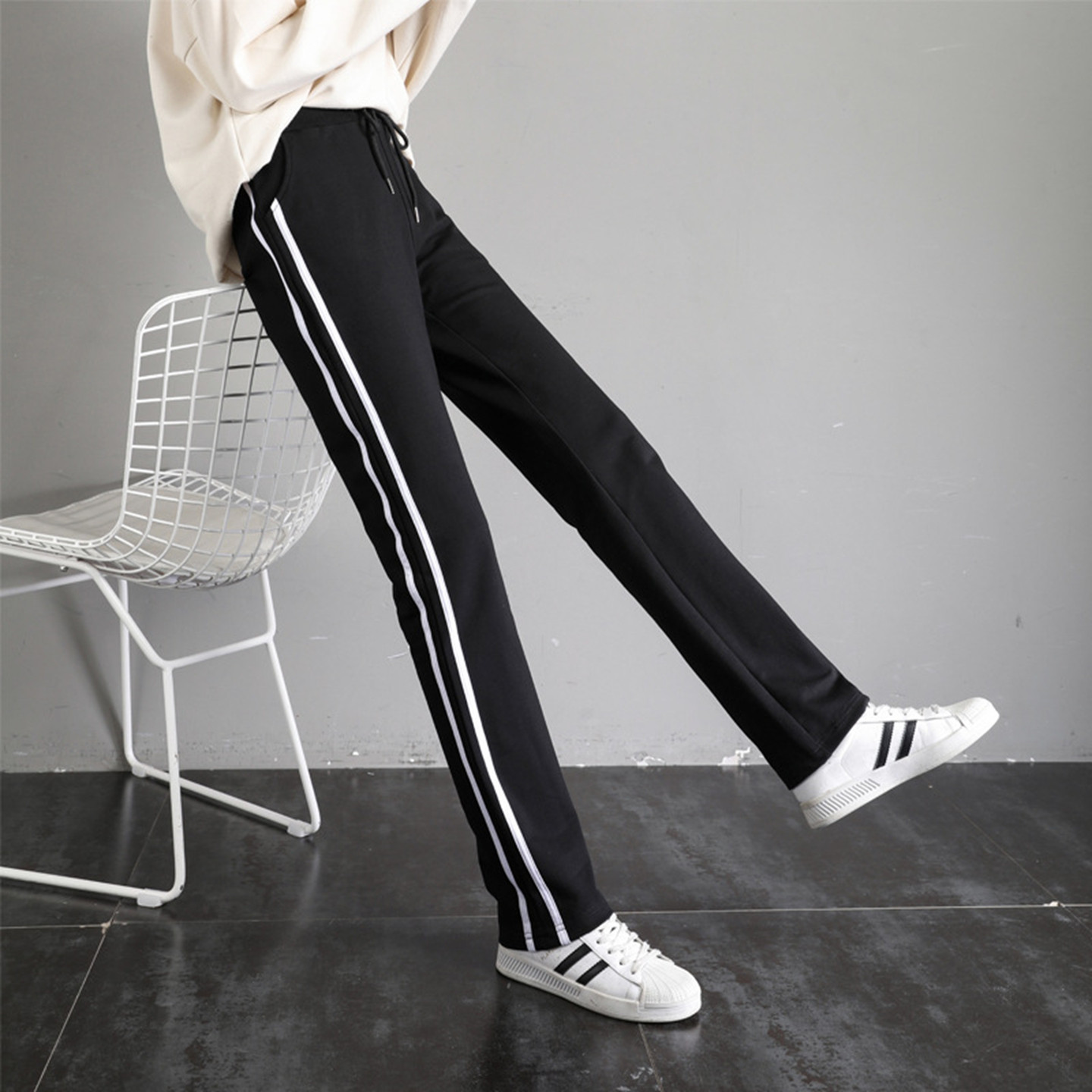 纯棉运动裤女春秋夏季薄款直筒休闲裤子两条杠高初中学生双杠卫裤