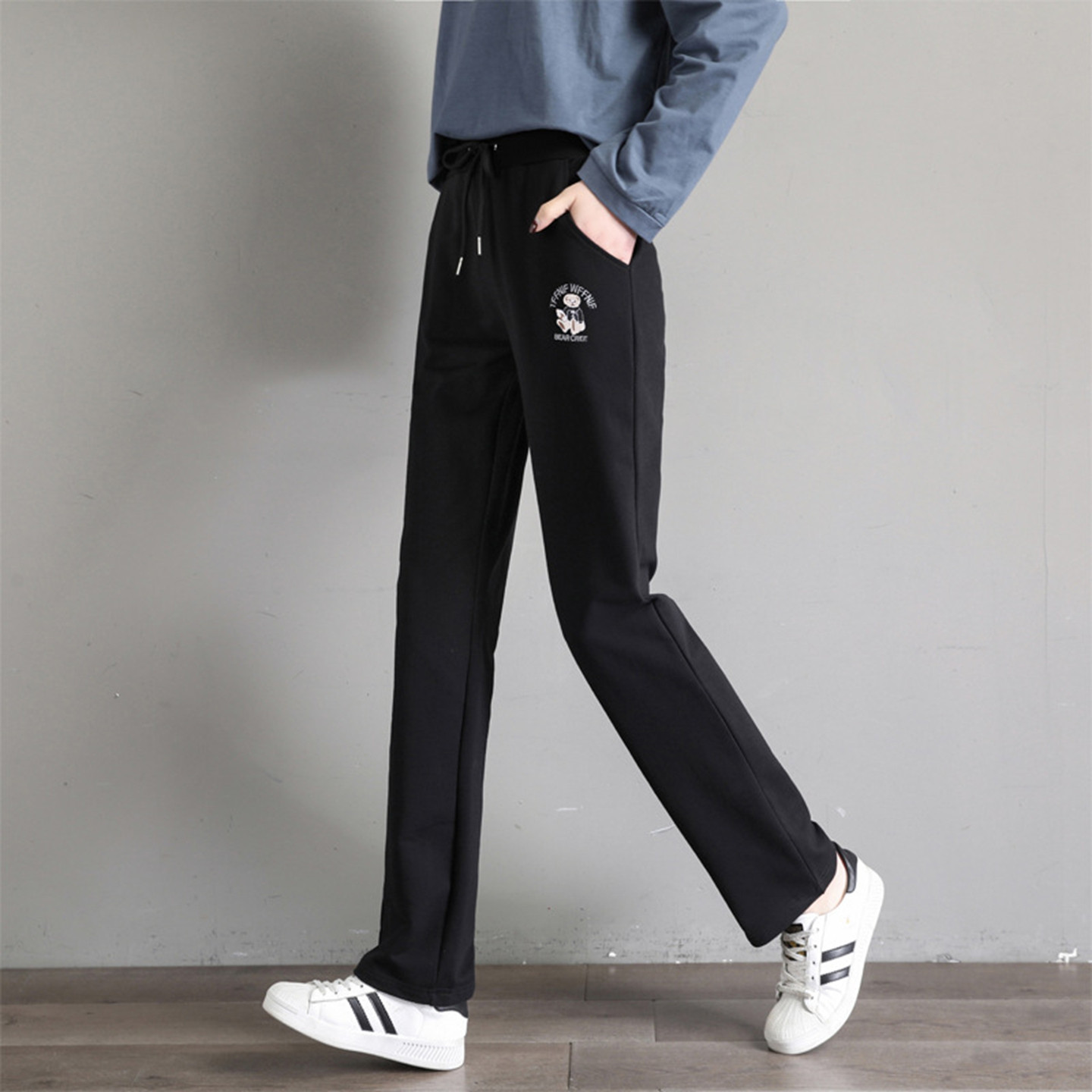 小熊纯棉直筒运动裤女春秋夏季薄款宽松休闲裤子高中初中学生卫裤