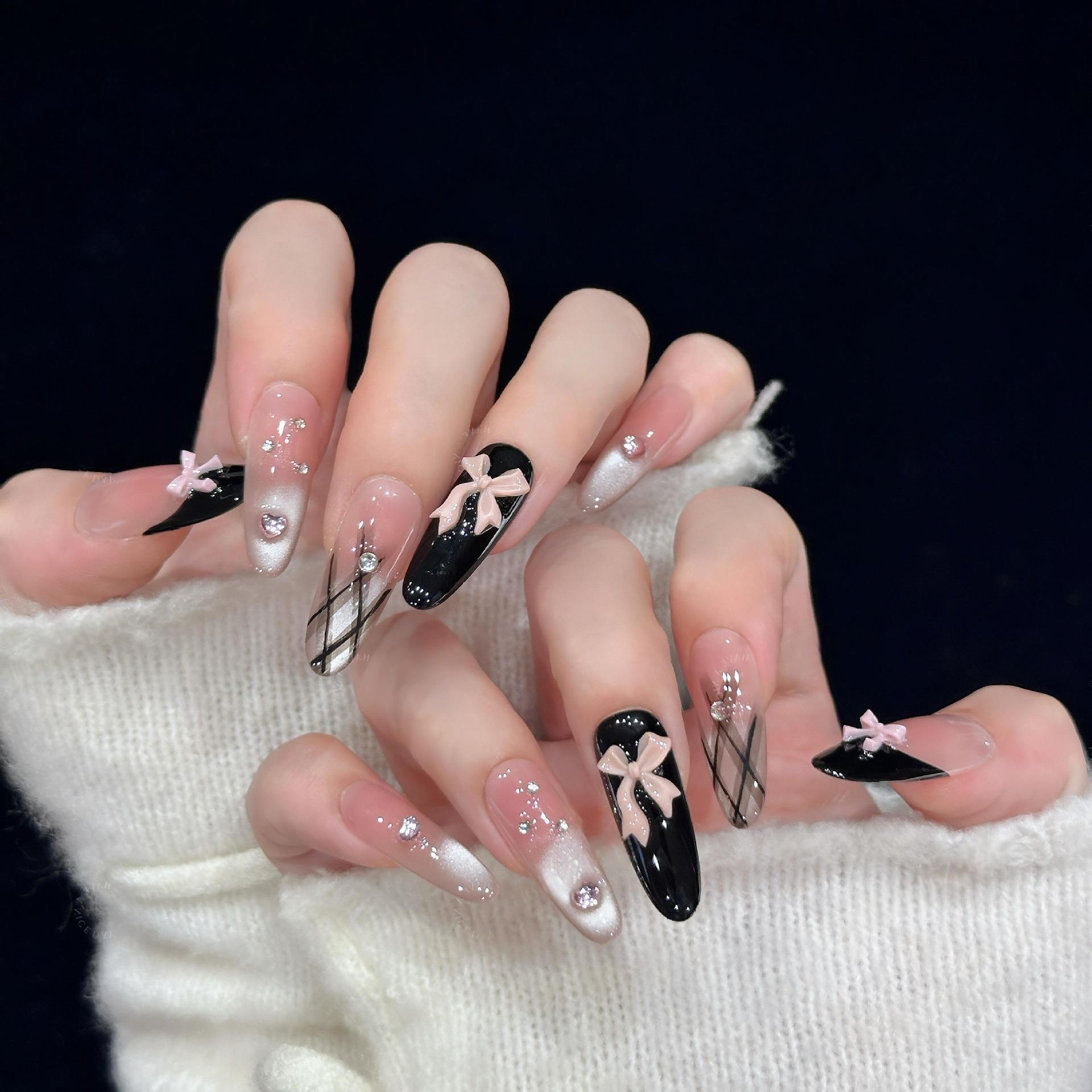 【公主格纹】黑色法式蝴蝶结贴钻渐变猫眼美甲纯手工穿戴甲中长款