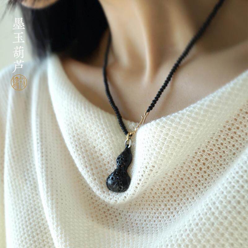 缘物珠宝 和田玉墨玉葫芦吊坠女 葫芦挂链18k金镶嵌镂空手工雕刻