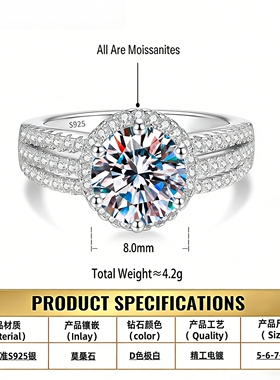 【Drctcy】莫桑钻戒指女圆形莫桑石S925纯银饰品两克拉婚戒首饰
