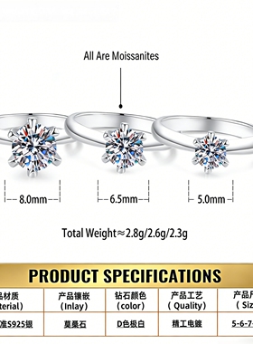 【Drctcy】s925纯银六爪戒指女钻石婚戒圆形一克拉莫桑石新款指环