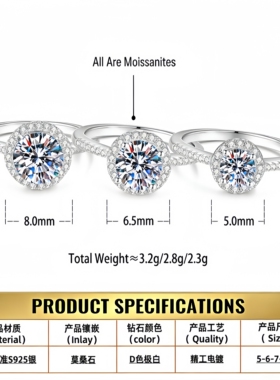 【Drctcy】s925纯银圆包戒指女钻石婚戒圆形一克拉莫桑石2026新款