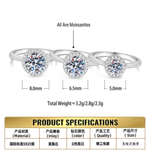 s925纯银圆包戒指女钻石婚戒圆形一克拉莫桑石2026新款 Drctcy