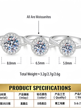 【Drctcy】s925纯银圆包戒指女钻石婚戒圆形一克拉微镶莫桑石新款