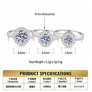 s925纯银圆包戒指女钻石婚戒圆形一克拉微镶莫桑石新款 Drctcy