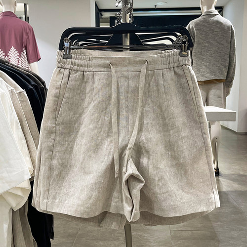 za obasov男装26夏新款松紧腰休闲五分裤宽松亚麻短裤4410121052