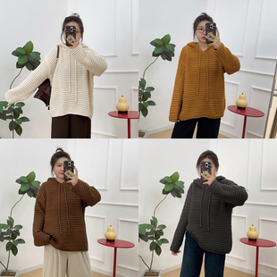 上衣 胖mm软糯灰色连帽毛衣秋冬宽松显瘦慵懒风针织衫 宛宛大码 女装