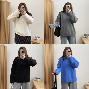 宽松毛衣纯色百搭上衣 女秋冬季 宛宛大码 胖MM温柔慵懒风圆领针织衫