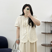 新款 夏季 显瘦遮肉上衣胖mm法式 蕾丝漂亮雪纺短袖 宛宛大码 衬衫 女装