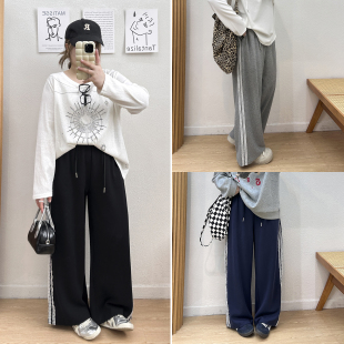 胖mm设计感侧边蕾丝花边拼接阔腿裤 宛宛大码 宽松直筒裤 新款 秋装