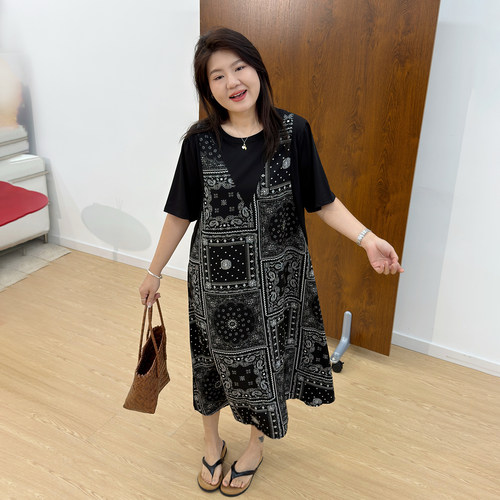 宛宛大码雪纺假两件连衣裙夏季女胖mm宽松显瘦遮肚子复古减龄裙子