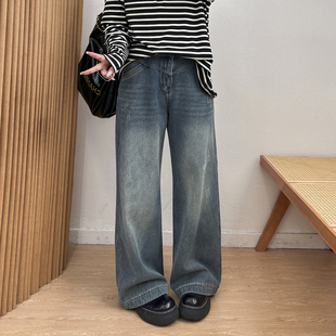 子 女加厚秋冬加绒胖mm宽松显瘦直筒裤 宛宛大码 复古阔腿休闲牛仔裤