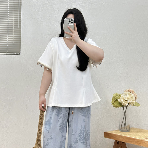 大码2026夏装新款胖mm女装韩系甜美减龄流苏贝壳弧形短袖T恤上衣