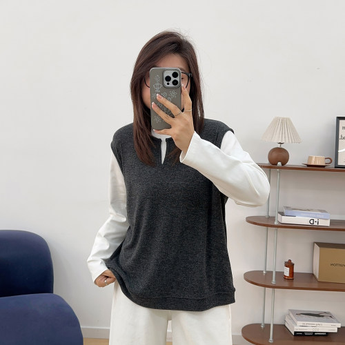 宛宛大码胖mm上衣早春装新款假两件正肩宽松遮肚显瘦女装漂亮T恤