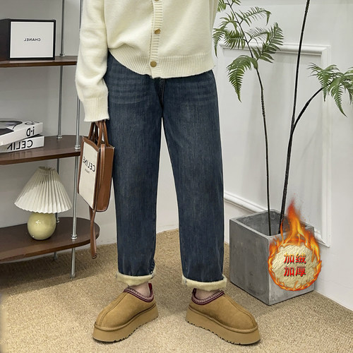 后腰松紧加绒牛仔哈伦裤