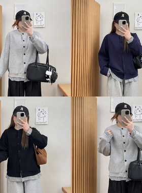 宛宛大码假两件格子拼接卫衣女秋冬胖mm显瘦宽松休闲开衫上衣外套