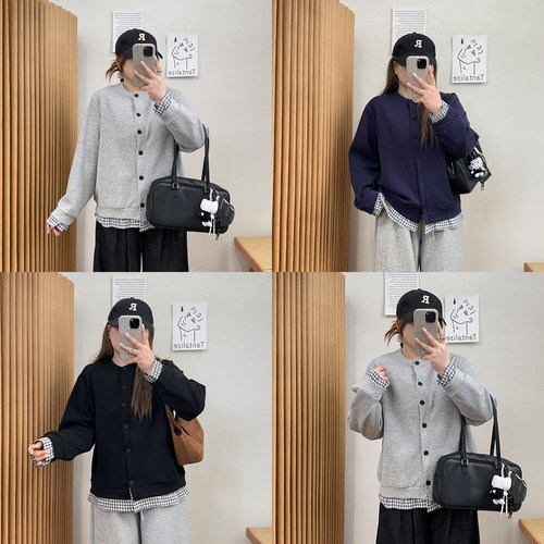 宛宛大码假两件格子拼接卫衣女秋冬胖mm显瘦宽松休闲开衫上衣外套