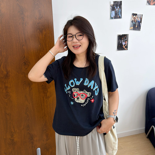 宛宛大码女装微胖mm卡通印花短袖T恤女2026夏季新款休闲显瘦上衣