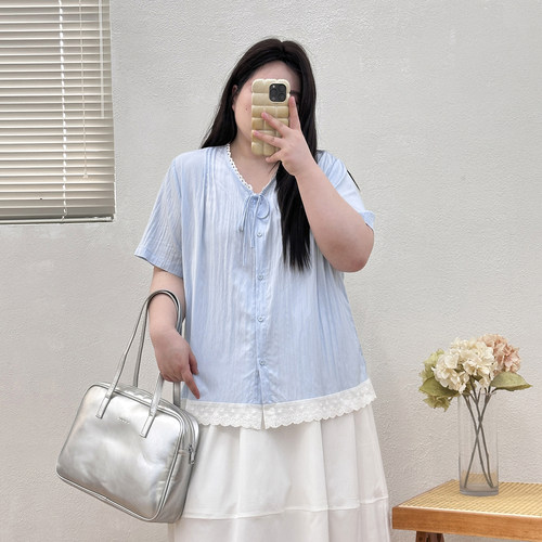 小清新花边领系带轻薄宽松小衫