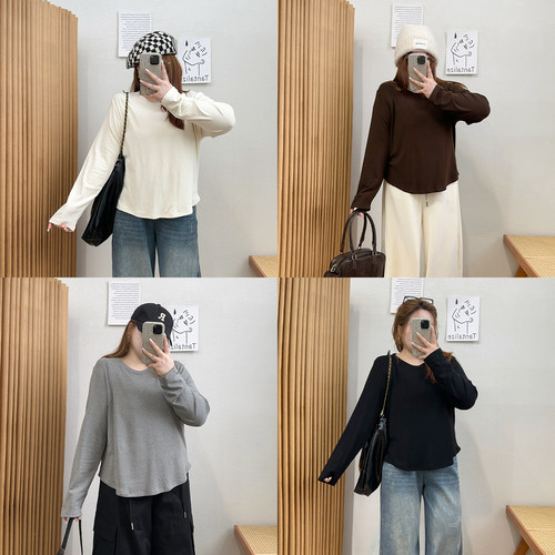 宛宛大码圆领长袖T恤女2025秋冬新款胖MM宽松内搭薄绒保暖打底衫