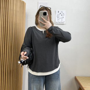 宛宛大码 针织t恤女假两件正肩体恤胖MM遮肉显瘦上衣 休闲复古长袖