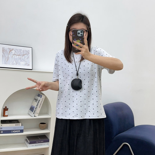 宛宛大码女装韩系波点短袖T恤胖mm简约复古显瘦圆领宽松减龄上衣