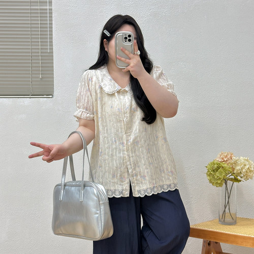 宛宛大码女装胖MM蕾丝小衫夏季新款短袖显瘦遮肉甜美上衣气质通勤