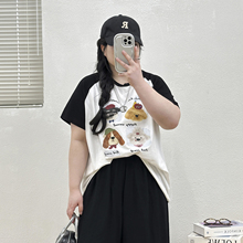 宛宛大码胖MM小狗印花T恤女夏短袖复古插肩袖拼色显瘦遮肉可爱潮