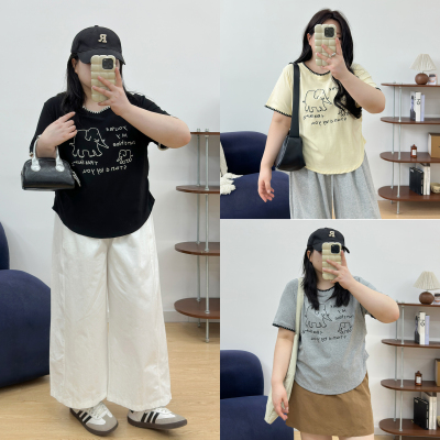 宛宛大码休闲大象刺绣短袖T恤女2025新款夏季胖MM显瘦设计感上衣