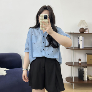 胖mm白色棉麻短袖 薄款 衬衫 新款 爱心亚麻上衣气质潮 女夏季 宛宛大码