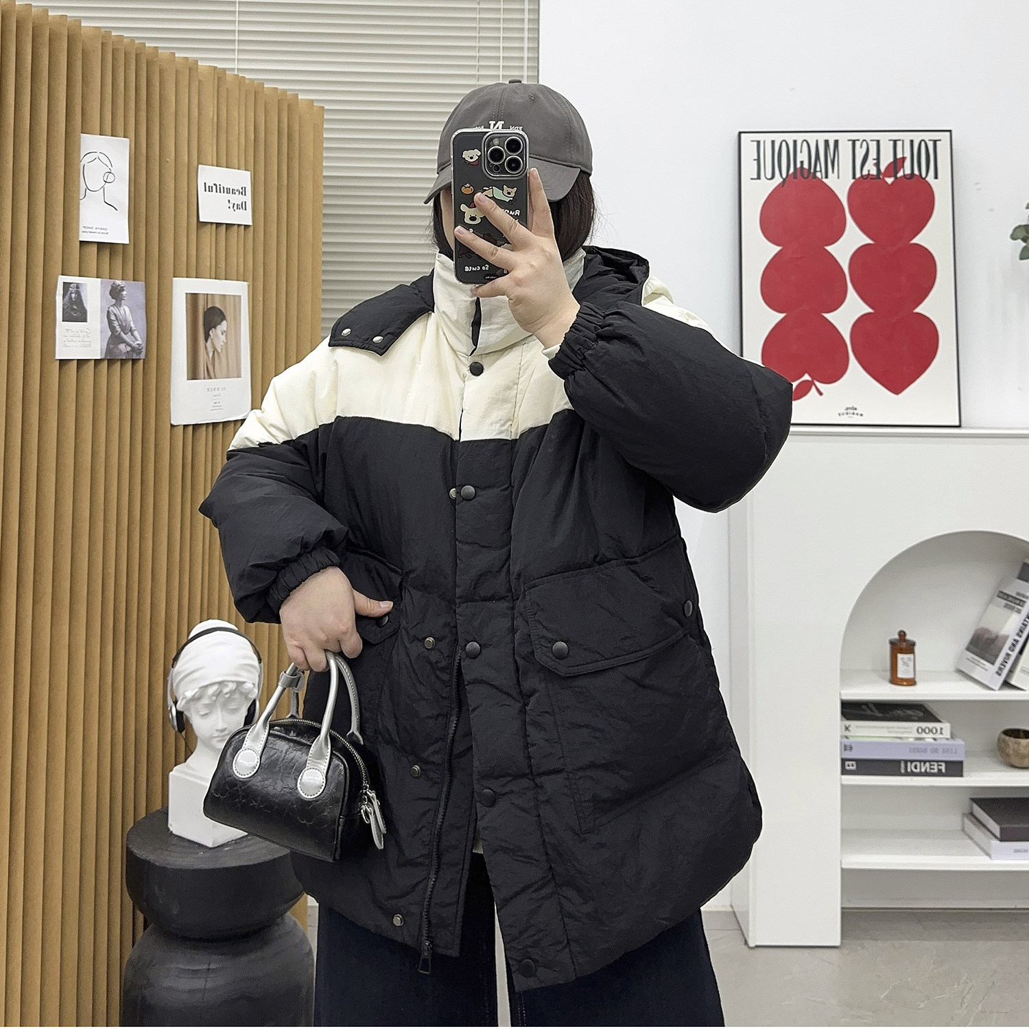 宛宛家冬季新款大码女装胖MM帅气学院风撞色派克服休闲短款羽绒服
