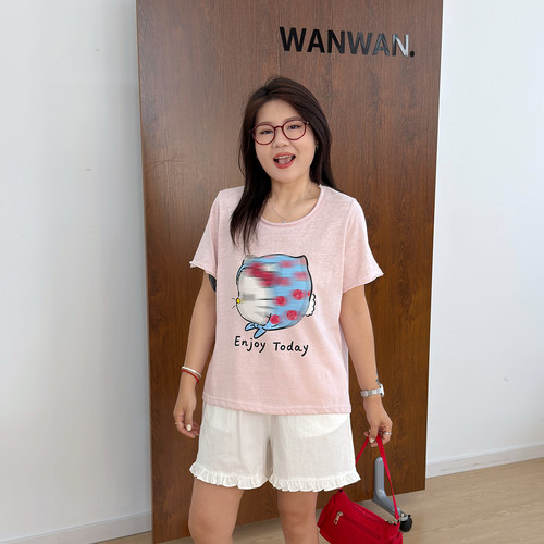 宛宛大码女装胖MM夏季宽松休闲韩系卡通印花短袖T恤小众圆领上衣